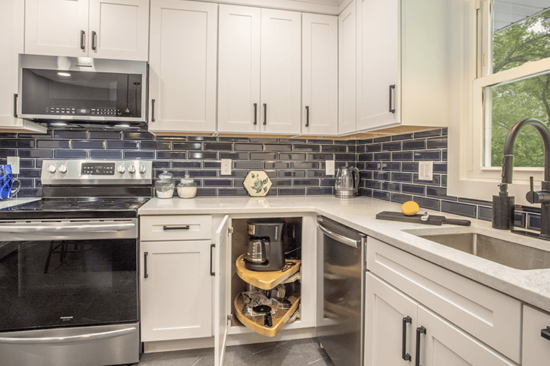custom coffee bar with cabinets and lighting Westchester