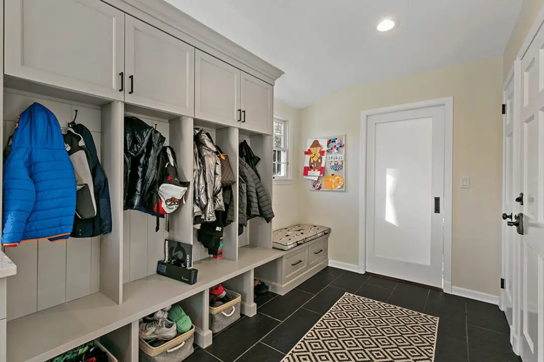 built-in charging station in mudroom