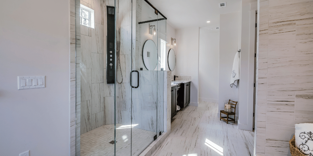 Functional bathroom remodel with built-in shower niche and space-saving features