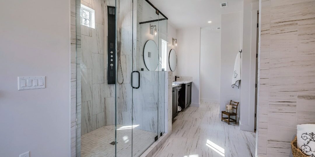 Functional bathroom remodel with built-in shower niche and space-saving features