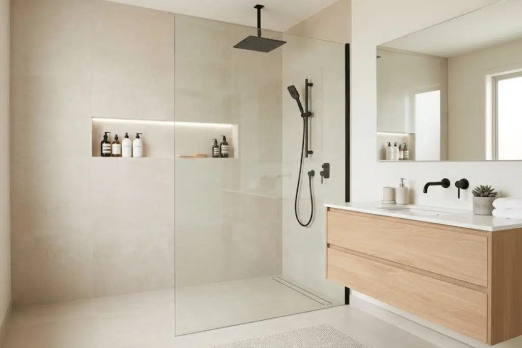 Modern bathroom with walk-in shower, built-in niche storage, and floating vanity in a functional layout
