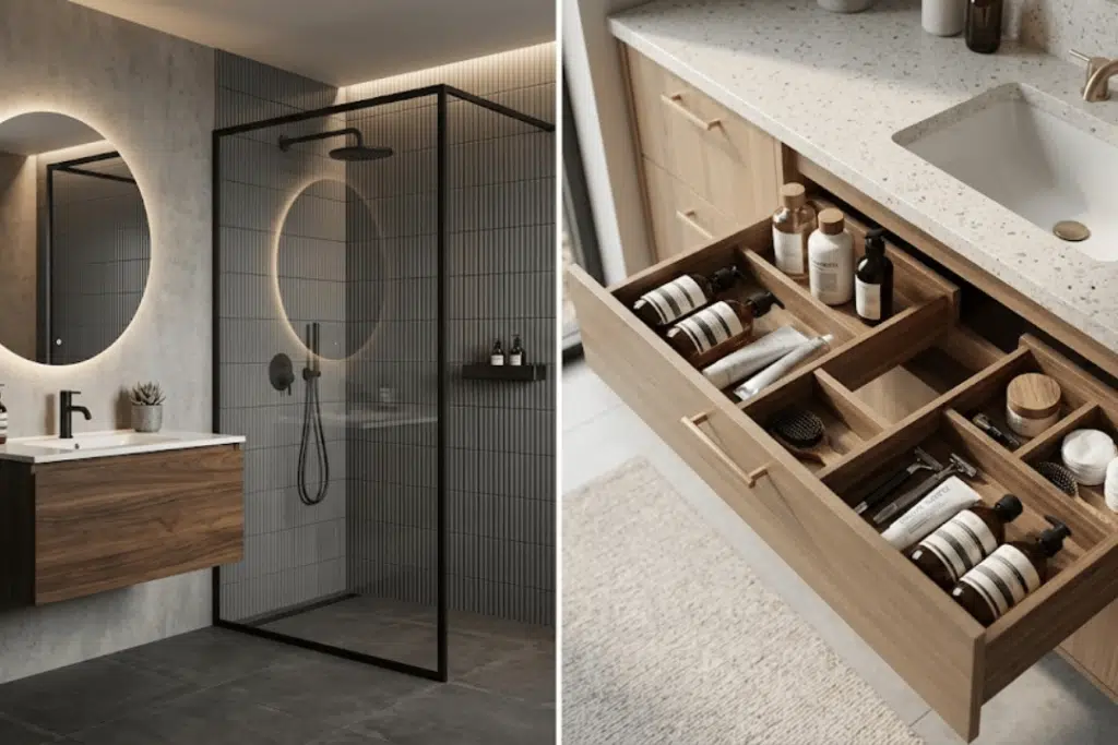 modern bathroom layout with walk-in shower and vanity alongside organized bathroom drawer storage system
